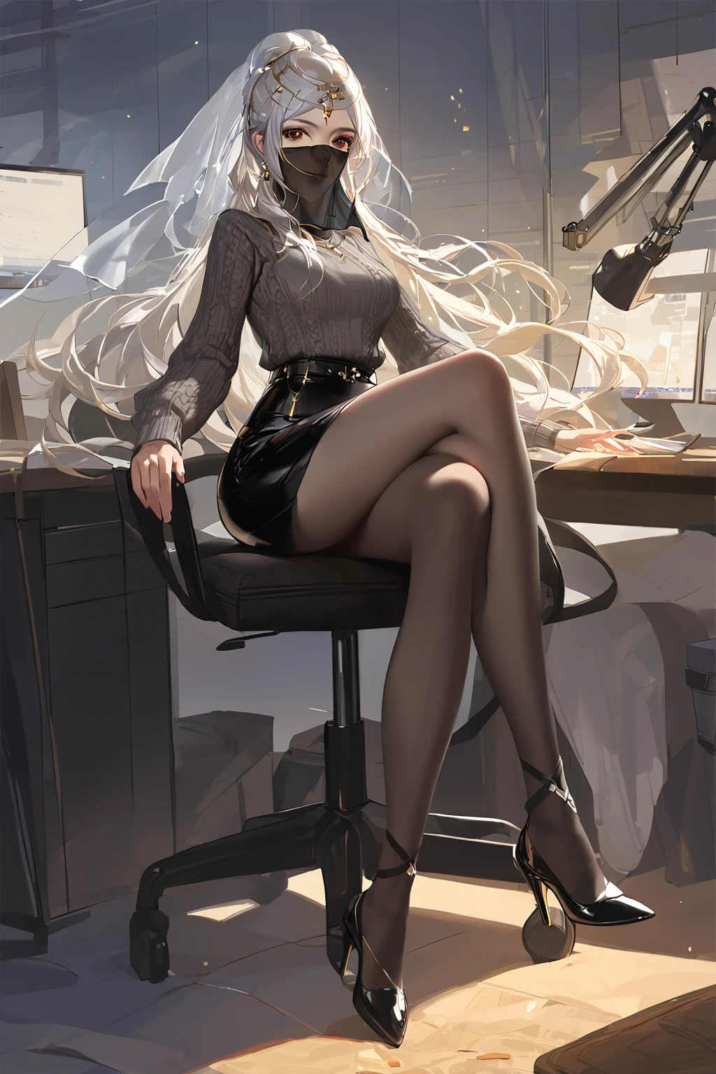 [artist:ciloranko],[[artist:ask(askzy)]],[[[[artist:modare]]]],
<lora:é»æè± (4):1>,huangyueying,1girl,veil,long hair,solo,mouth veil,long sleeves,white hair,full body,
asymmetrical_legwear,one black and one white,one black stockings and one white stockings,uneven_legwear,full_body,looking at viewer,
high heel boots,jewelry,medium breasts,desk,legs,crossed legs,sitting,office,crossed ankles,indoors,office chair,monitor,alternate costume,skirt,pencil skirt,turtleneck,sweater,contemporary,