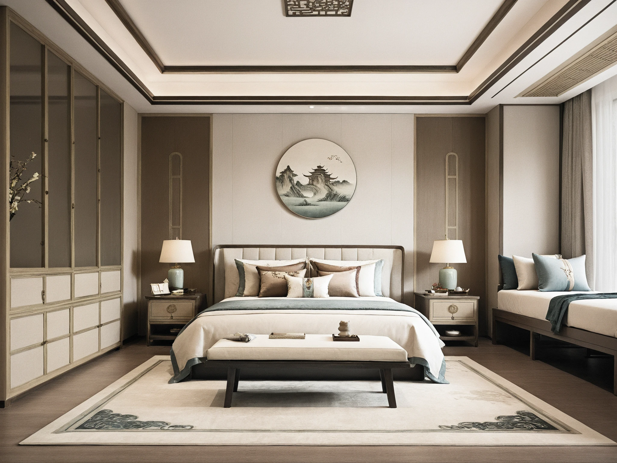 Lao Chen, Interior, Bedroom, New Chinese, couch, table, indoors, carpet, wooden floor