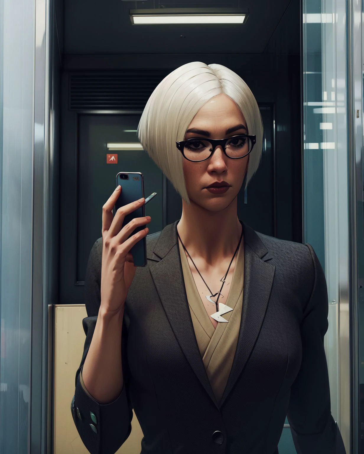 (intricately detailed, best quality, high resolution:1.3), (the lawyer takes a call on her phone in the elevator before her court date.:1.1)
<lora:yuk1HM-10:0.7> yuk1hm, short white hair, beauty mark, crane necklace, glasses, smartphone, (three-piece suit:1.1)