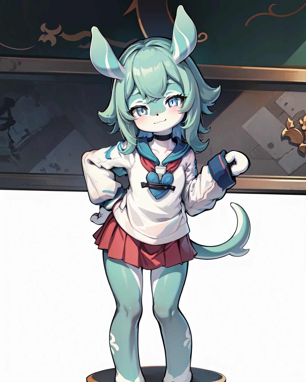 full body, 1girl, melusine, green skin, grey hair, blue eyes, straight ears, thin tail, smile, classroom, sailor uniform, school girl uniform, red skirt, black pantyhose, hands clasped together, head tilt
<lora:MelusineV3:1>