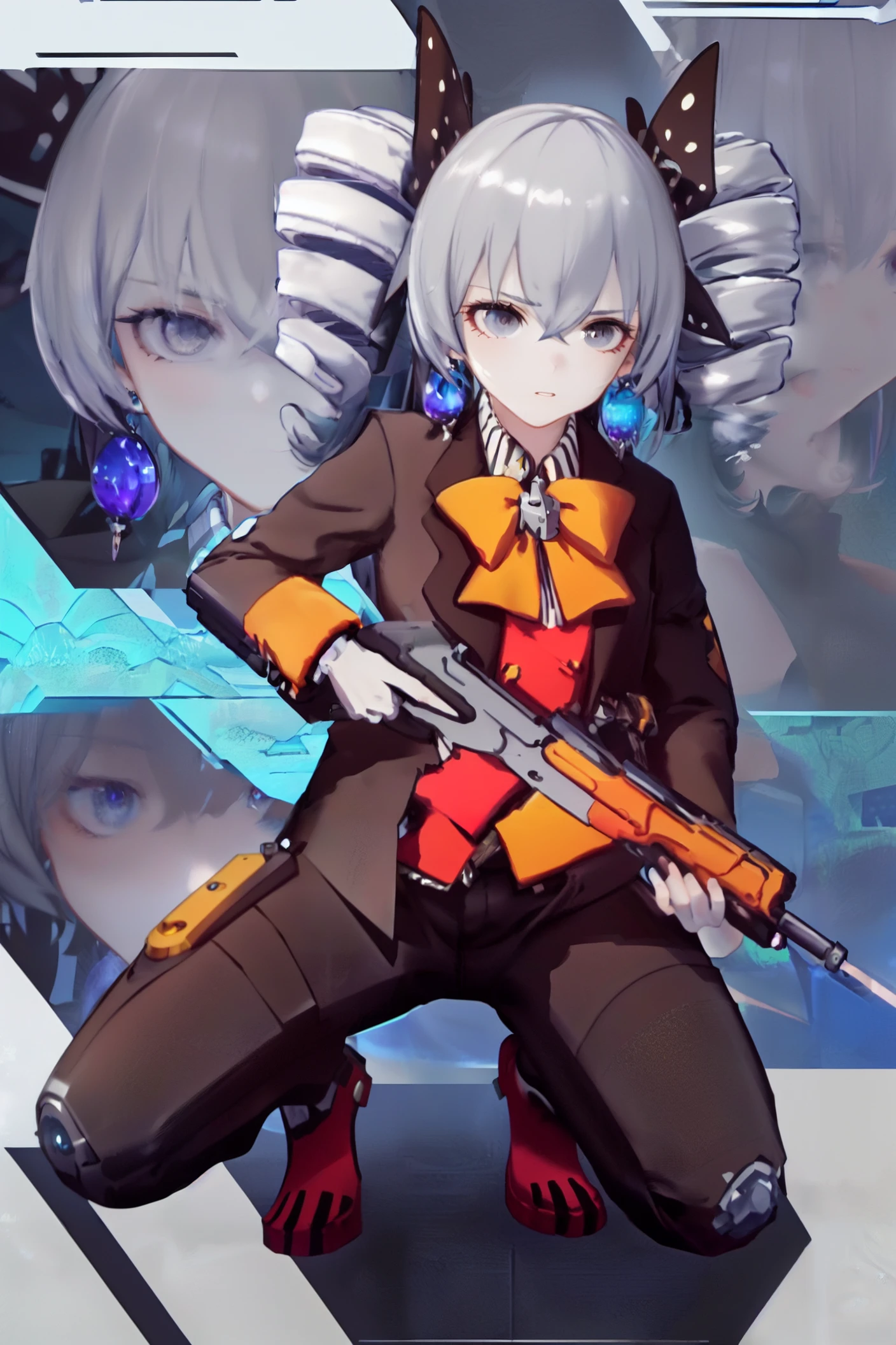 8k,best quality,masterpiece,(ultra-detailed:1.1),(high detailed skin),
<lora:liming-v100:0.8>,yinlang,1girl,bronya zaychik,earrings,jewelry,grey eyes,drill hair,bangs,brown jacket,twin drills,
<lora:nai3lora:0.6>,nai3,
<lora:NikkeProfile:0.8:lbw=MIDD>,IncrsNikkeProfile,full body,zoom layer,holding weapon,holding gun,one knee,
(beautiful_face),((intricate_detail)),clear face,
((finely_detailed)),fine_fabric_emphasis,
((glossy)),full_shot,