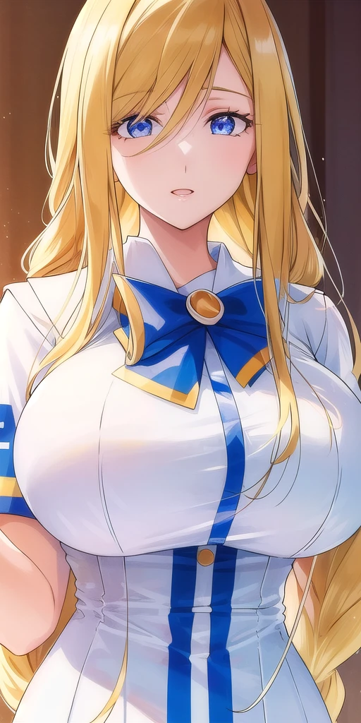 <lora:florence_aliciaV2:0.7> florence_alicia, huge_breasts, standing, solo, Summer_aria_company_uniform_White_long_dress_White_capelet_Blue_bowtie_Short_sleeves_Side_slit,, masterpiece, best quality, detailed face, detailed eyes, highres,