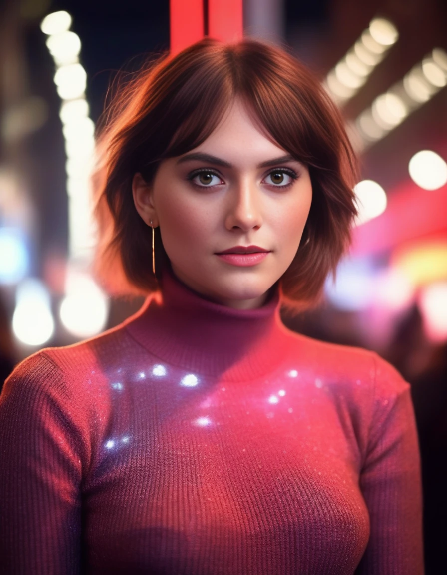 EmiliaJones,<lora:EmiliaJonesSDXL:1> (art by Mary Beale:0.8) , A photorealistic image of a woman, at a red carpet event, dressed in an elegant turtleneck sweater, with neon lighting reflecting her bold makeup, in a bustling Hollywood setting, captured in a third-person perspective with fish-eye lens, in a glossy magazine cover style, adding dramatic and cinematic effects, analog film grain, bokeh