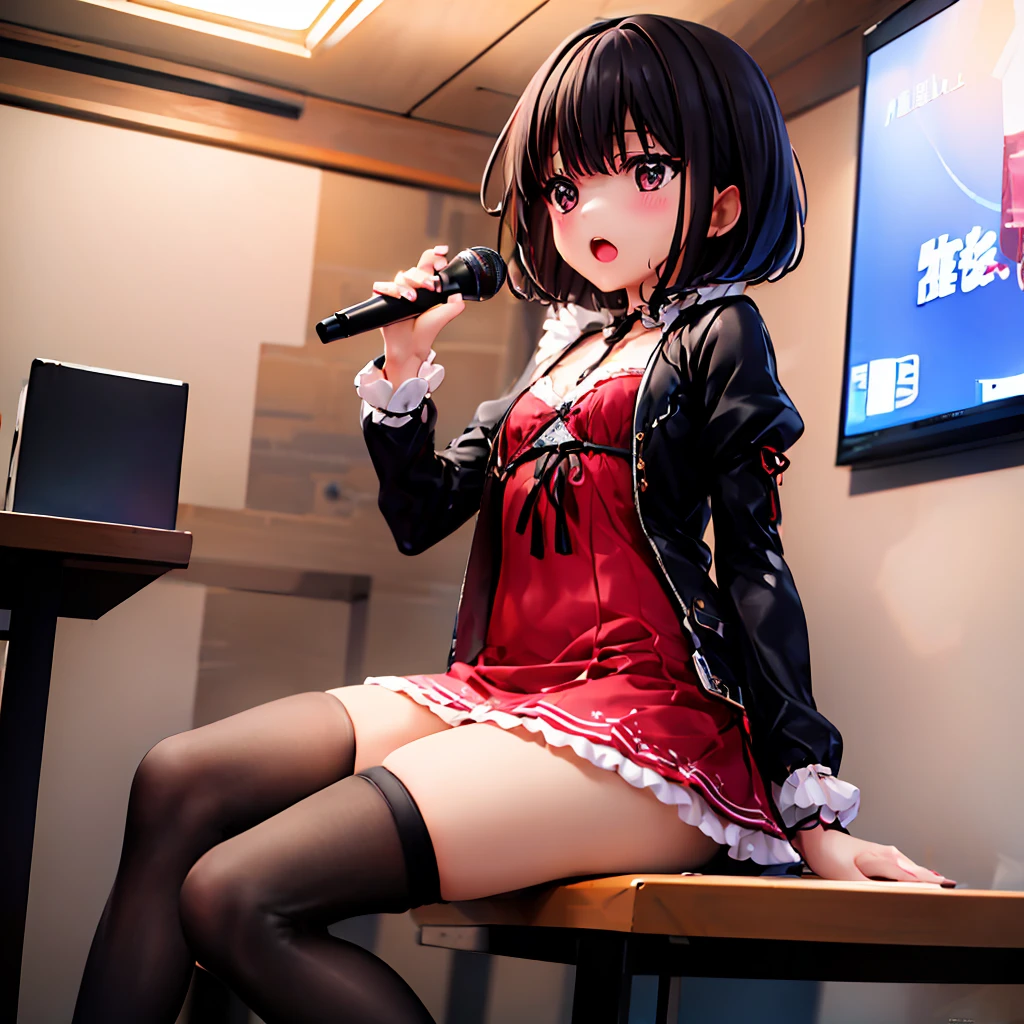 masterpiece,best quality,Ultra detailed,1girl,<lora:FairyGirl-000005:0.8>,FairyGirl,teenager,black hair,short hair,small_breasts,cross-laced clothes,juliet sleeves,open jacket,frilled dress,red dress,open clothes,frill,(black jacket:0.9),<lora:karaoke1:0.8>,karaoke,singing,microphone,