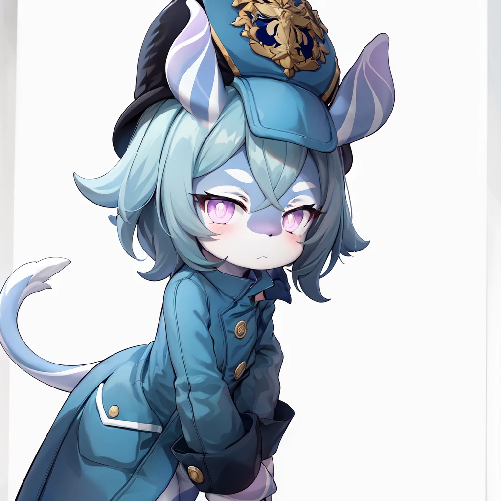 1girl, melusine, blue skin, purple skin, grey hair, pink eyes, straight ears, thin tail, police uniform, blue jacket, blue helmet, cuff links, standing, bent over, sad, looking at viewer,
<lora:MelusineV3:1>