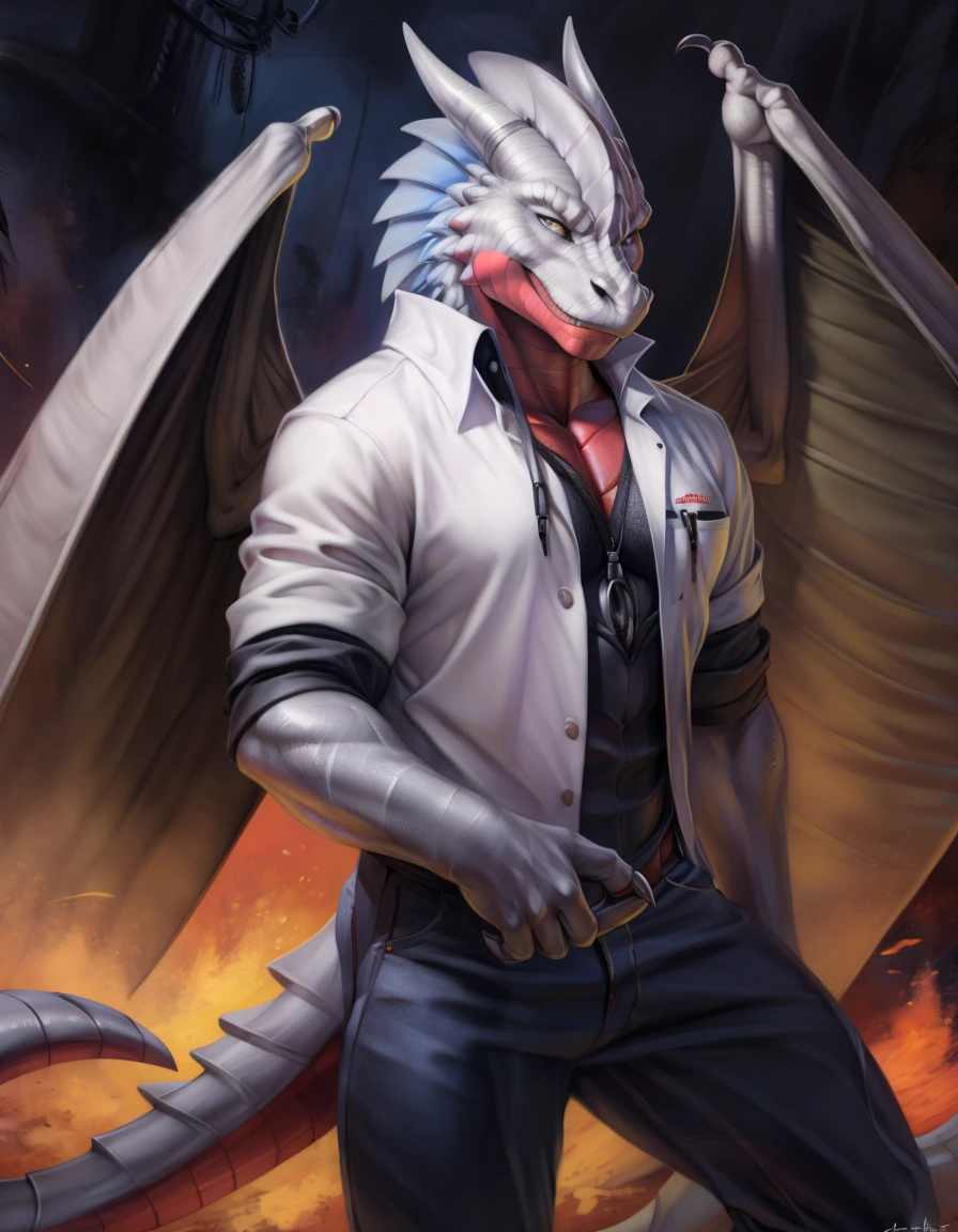 male, duke (bad dragon), dragon, solo, clothed, lab coattopwear, bottomwear, claws, wingless dragon, dragon, smile, black body, black skin, red body:1.2, two tone body, front view,
BREAK
by nextel, by banni art, by chunie, by tojo the thief, by null-ghost, by totesfleisch8,