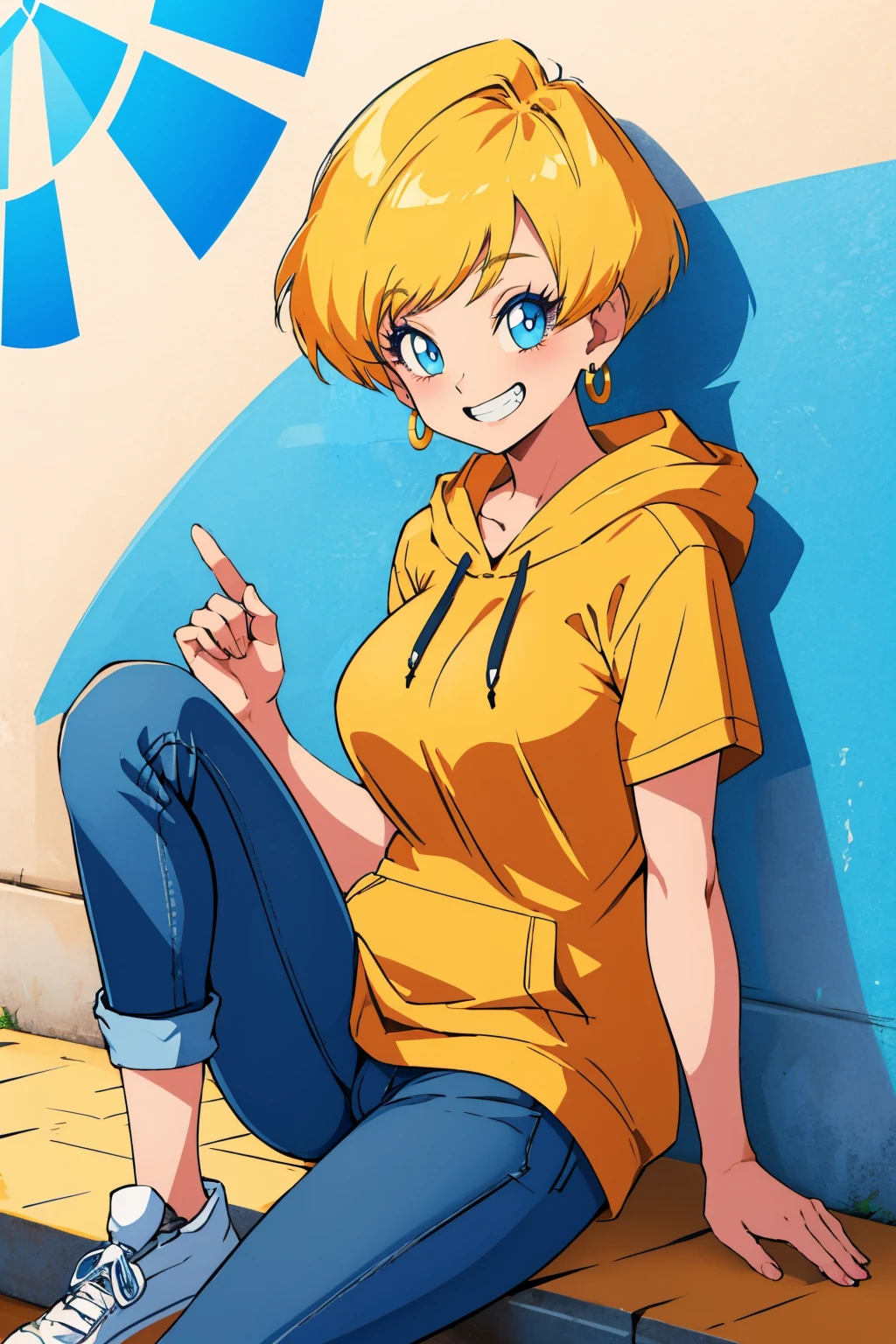 masterpiece, best quality, <lora:erasa-nvwls-v1-000009:1> erasa, blonde hair, earrings, large breasts, yellow sundress, grin, orange hoodie, jeans, smile, sitting, on ground, graffiti