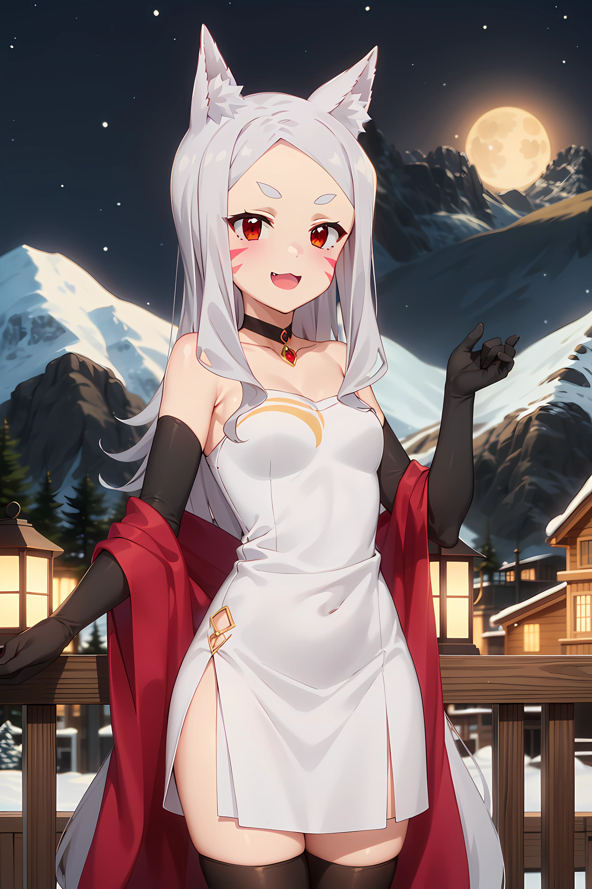 best quality, masterpiece, detailed,
<lora:SewayakiKitsune_Shiro:0.8>, KitsuneShiro,
1girl, light smile, :3, open mouth,
grey hair, red eyes, long hair, fox ears, fox tail, whisker markings, thick eyebrows,
ShiroDress, white dress, crescent print, (shawl:1.2), choker, jewelry, black thighhighs, elbow gloves,
standing, looking at viewer,
outdoors, moon, night, winter, snow, mountains