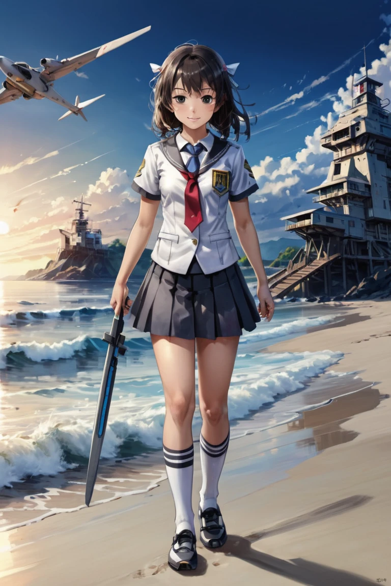 realistic, Masterpiece,  Best Quality,  High Resolution,  1girl,  mitakihara school uniform,  mecha_musume,  background_sky,  beach,<lora:EMS-269237-EMS:0.700000>