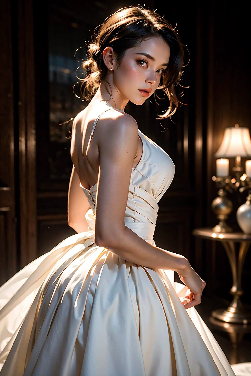 a woman in a white dress, highest quality, masterpiece, ultra-detailed, dof, artistic lighting, rimlight