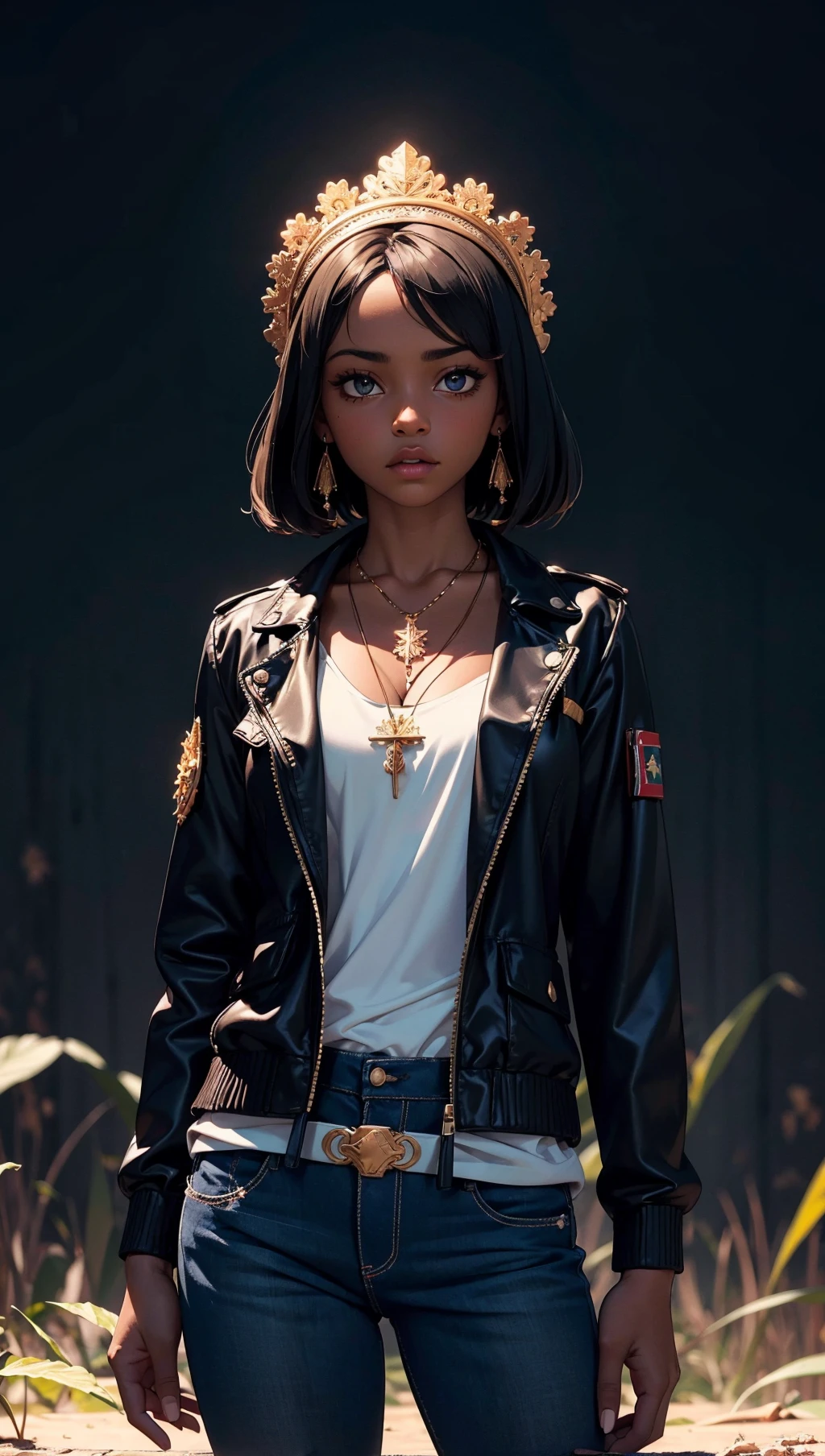 masterpiece,best quality,ultra high res,dark skinned African girl,(fractal art:1.3),deep shadow,dark theme,fully clothed,necklace,forlorn,cowboy shot,