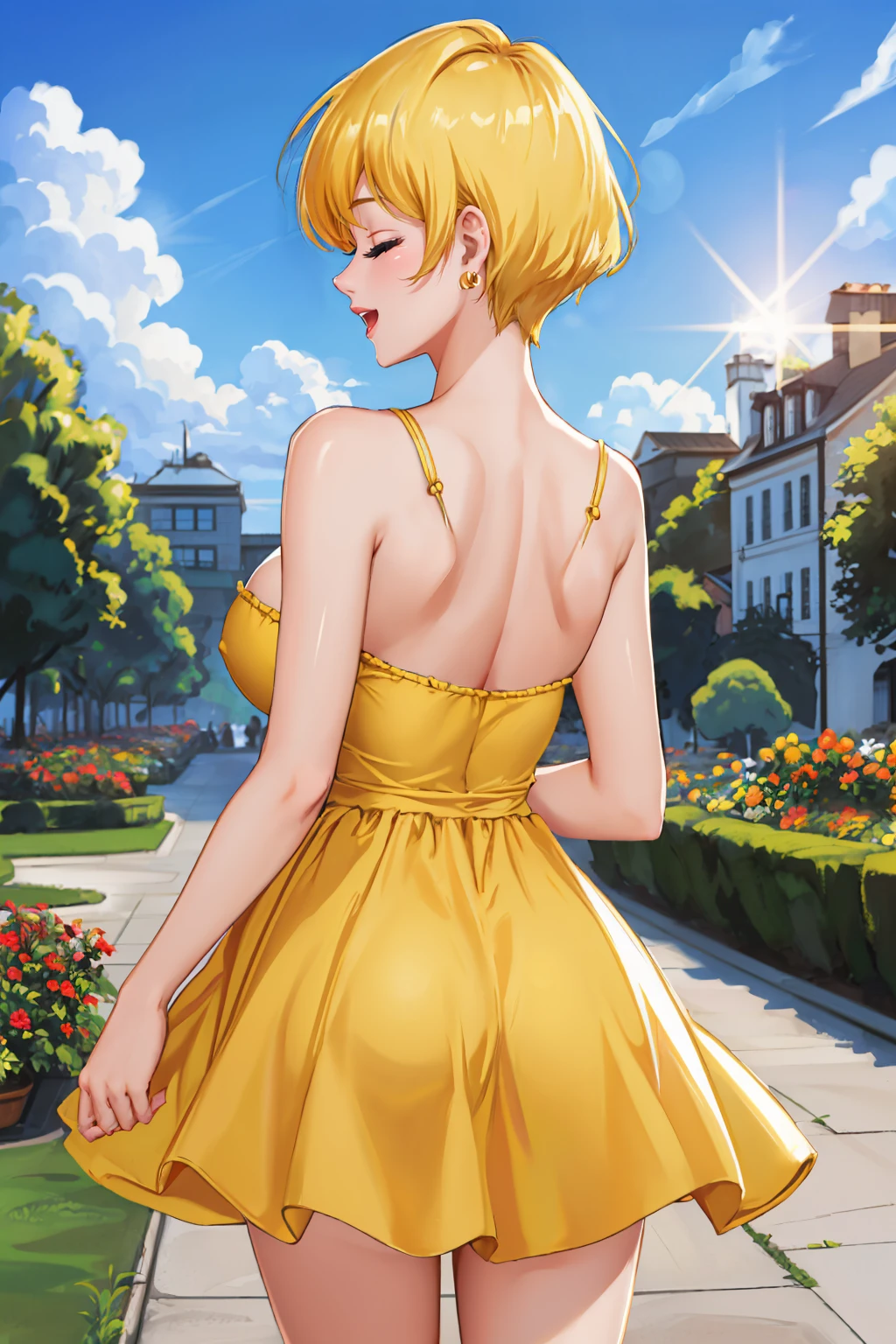 masterpiece, best quality, <lora:erasa-nvwls-v1-000009:1> erasa, blonde hair, earrings, large breasts, yellow sundress, closed eyes, :D, garden, looking at viewer, lens flare, from behind <lora:edgChamYellowSundress:1> edgYSD,woman wearing a yellow sundress