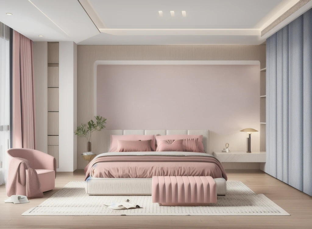 Pink Children's Room,lamp,chair,pillow,table,indoors,book,couch,bed,carpet,ceiling light,building,sky,cushion,rug,curtains,masterpiece,best quality,unreal engine 5 rendering, light,movie,movie specffects,detailed details,HDR,UHD,8K,CG wallpaper