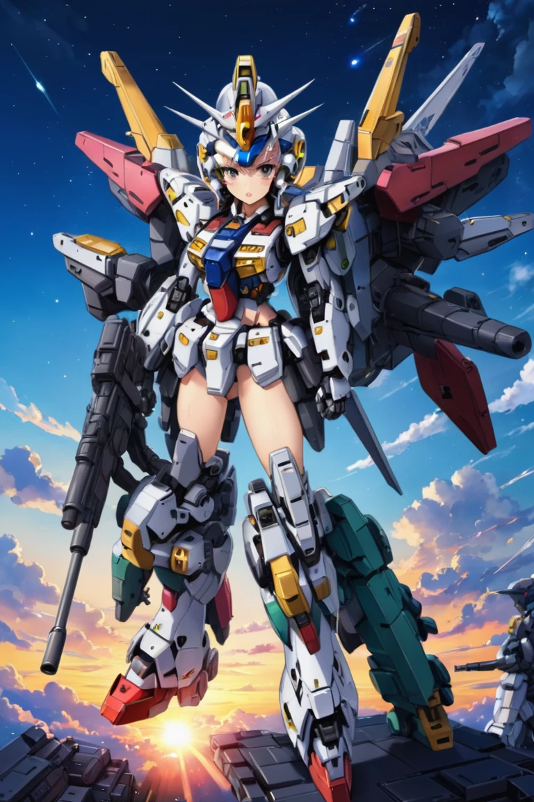 Beautiful iconman girl,  upper body,  ((metal)),  mechanical,  fighting,  mecha_musume,  many led light,  colorful_hair , mechanical,  floating gun in sky,  1girl, random viewer, metal, mecha musume, mecha_musume, gundam_girl, SGBB, perfect light, Mecha, non-humanoid robot, crystal,<lora:EMS-269237-EMS:0.700000>