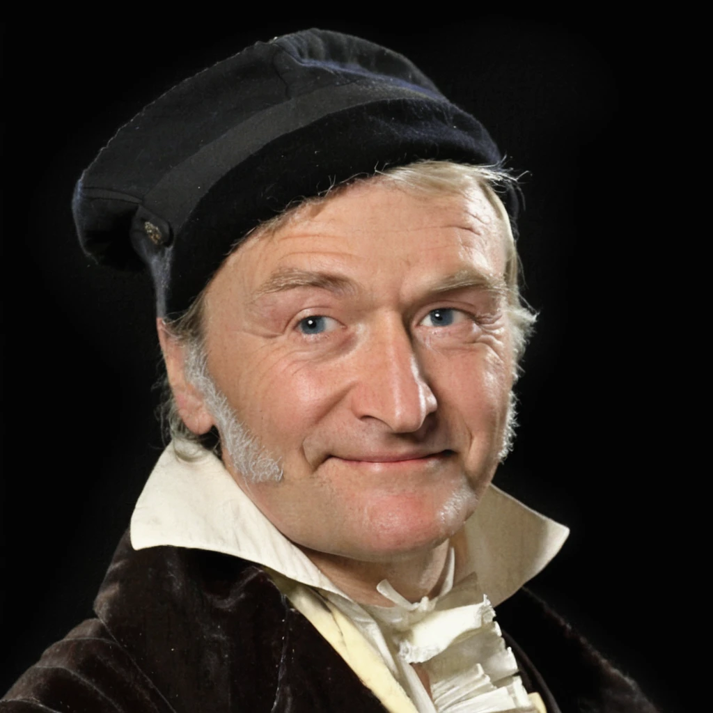 (photo:1.3) of 60 year old <lora:Gauss2XL-000020:0.74> (((xxxCFGxxx))) (wearing 19'th century clothes), (sideburns:1.23), blue eyes, smile, black background, (black 18'th century hat), fine texture, incredibly lifelike
