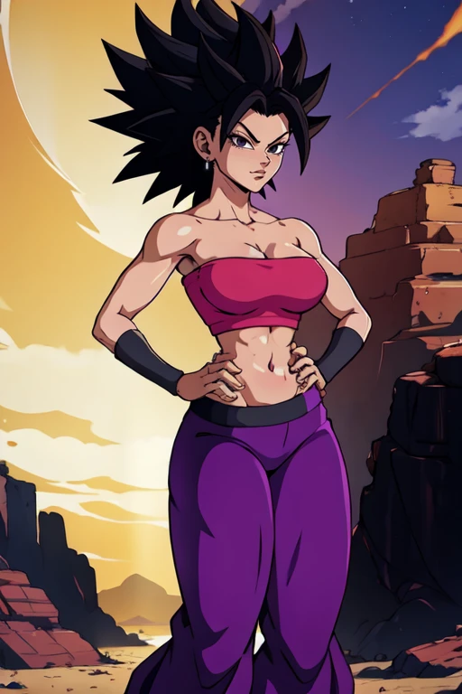 masterpiece,best quality,extreme detail,8k,<lora:caulifla-12:0.8>,caulifla2,1girl,solo,breasts,looking at viewer,black hair,navel,cleavage,bare shoulders,medium breasts,closed mouth,standing,collarbone,midriff,pants,black eyes,crop top,strapless,spiked hair,hands on hips,tube top,aura,purple pants,