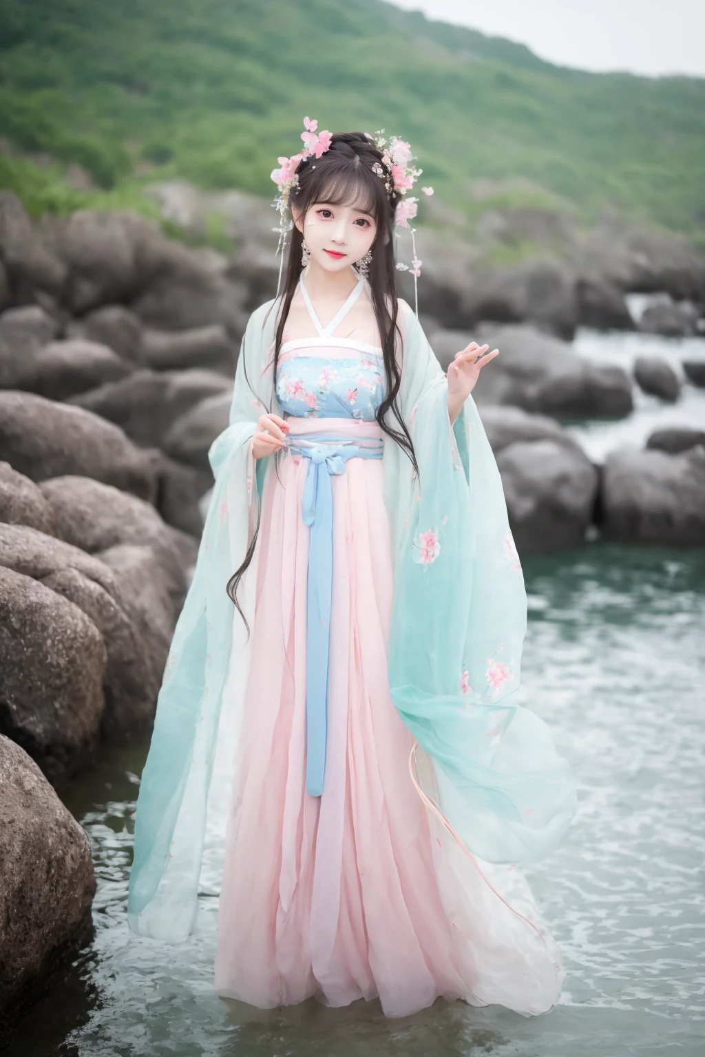 1girl,solo,photorealistic,hanfu,make happy expressions,clear sharp focus,Megapixel,highres,8k,masterpiece,best quality,Cute,Pastel,Lovely,Kawaii,Dreamy,outdoors,upper_body,cleavage,standing in the sea,small face,