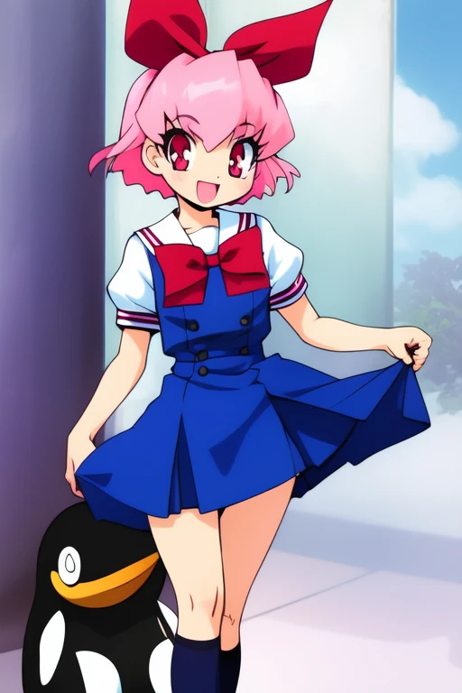 <lora:Takane_Momo:0.8>momo, 1girl, bow, socks, panties, underwear, shoes, pink eyes, kneehighs, school uniform, dress, short sleeves, solo, penguin, pantyshot, bird, open mouth, mary janes, smile, blue socks, skirt, ribbon, blue_sky,
masterpiece, high quality, very_high_resolution, large_filesize, full color,