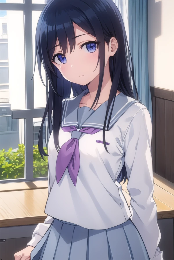 highres, ultra detailed), masterpiece, hinata\(boruto\), solo, 1girl,medium breasts, (((high school))), ((((high school attire)))), smile, (((long hair))), blink blink effect, (((detailed lips))), knee crop, school building, from side, (((dark blue hair))) lying in bed, looking at someone far away, cute face, young, (((white top))), open legs, sexy, sweaty, moaning