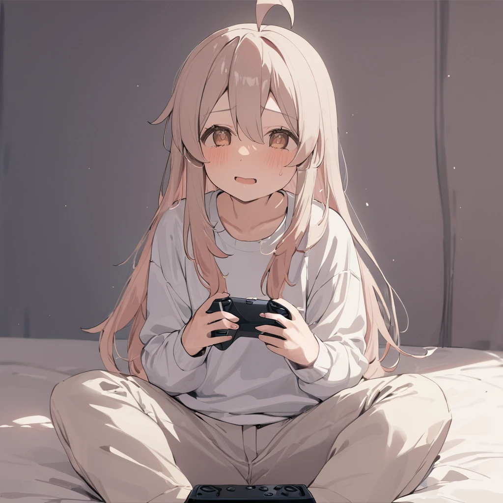1girl, oyama mahiro, sitting on bed playing xbox, long hair, ahoge, masterpiece, latest, best quality, rating: general <lora:mahiro_xl_a3-000009:1>
