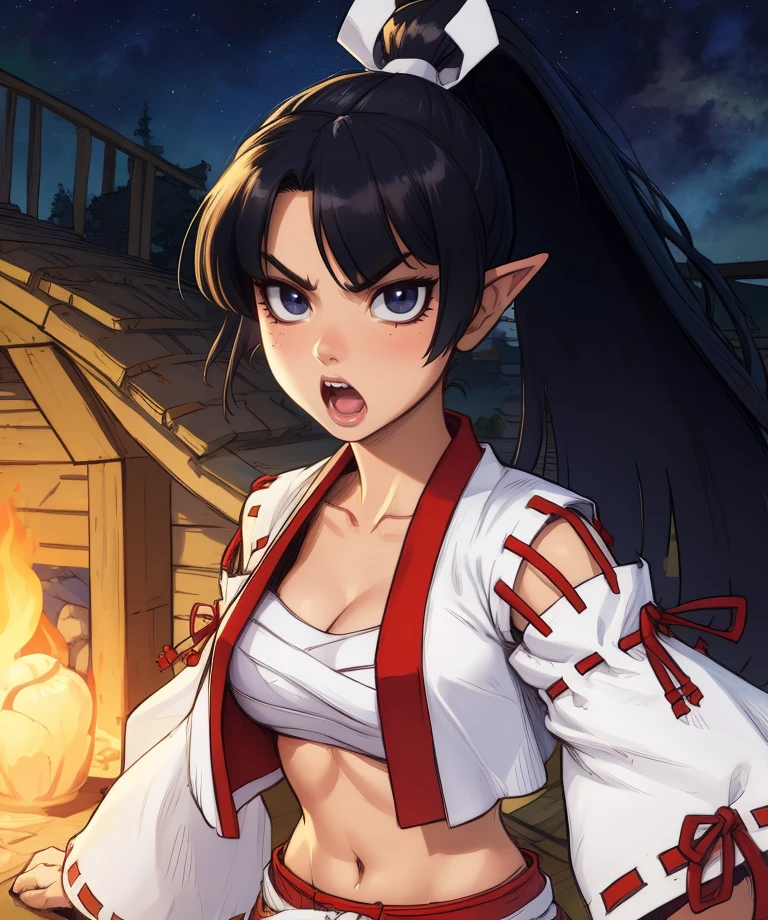 LadSam,ponytail,pointy ears,black eyes,navel,bangs,solo,standing,upper body,serious,toned,teeth,
sarashi,red hakama,midriff,ribbon-trimmed sleeves,white open vest,serious,open mouth,
dojo,stars,
(insanely detailed, beautiful detailed face,beautiful detailed eyes, masterpiece, best quality),<lora:LadySamurai-10Dv9:0.8>,