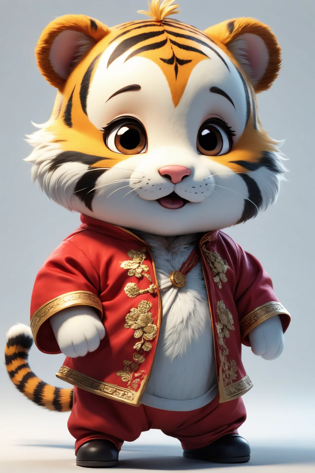 A cute IP cartoon tiger doll, Kung Fu, wearing detailed Iranian clothing, embroidered shoes on the feet, chubby, shrunk, full body, movie lighting, cream color scheme, clean white background, high-end color scheme, Pixar style, surrealism, 3D, octane shading