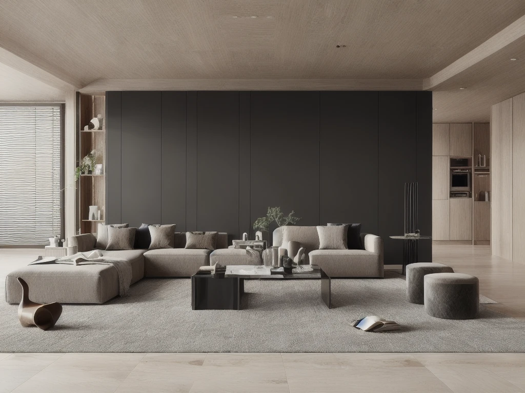 a living room with a couch, chair, coffee table and a rug on the floor and a window, muted colors, a 3D render, light and space,Dark style,Marble elements in the background