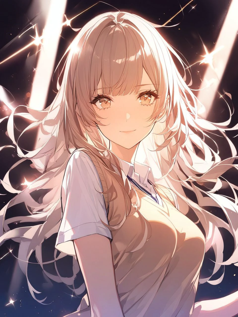 1girl, looking at viewer, light smile, sweater vest, glittering light <lora:kincora_XL_style_v01.10.02:1>