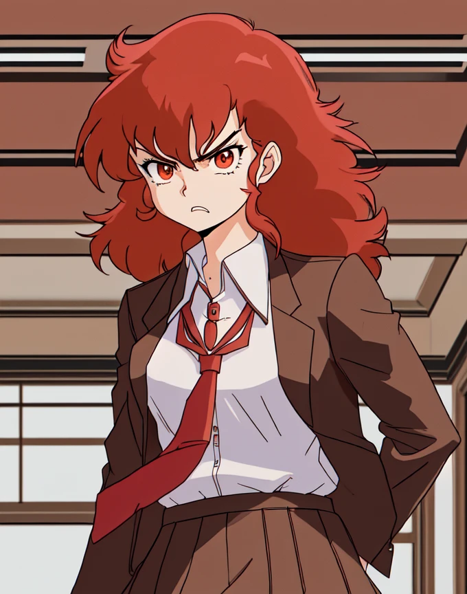 high res, a-ko, 1girl, red hair, medium hair, upper body, school uniform, brow jacket, brown skirt, necktie, indoors at school, angry , <lora:Project_A-Ko-000013:1>