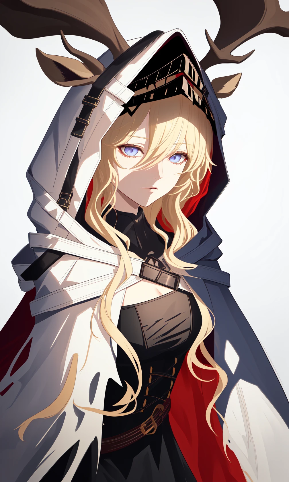 viviana \\\(arknights\\\),long hair,blonde hair,animal ears,deer ears,hood,bangs,hood up,hooded cape,cape,hair between eyes,ears through headwear,white cape,dress,blue eyes,black dress,gloves,candle,<lora:èèå®å¨:1>,