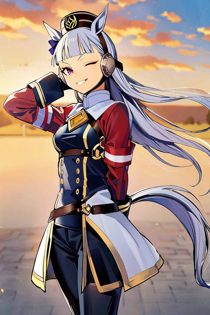 fri style,by ningen mame, best quality, beautiful color, 1girl, horse girl, gold ship \(umamusume\), solo, looking at viewer, standing, grin, horse ears, horse tail, purple eyes, one eye closed, long hair, grey hair, blunt bangs, breasts, hat, black pants, coat, long sleeves, ribbon, arms behind back, armband, blue sky, outdoors, cloud