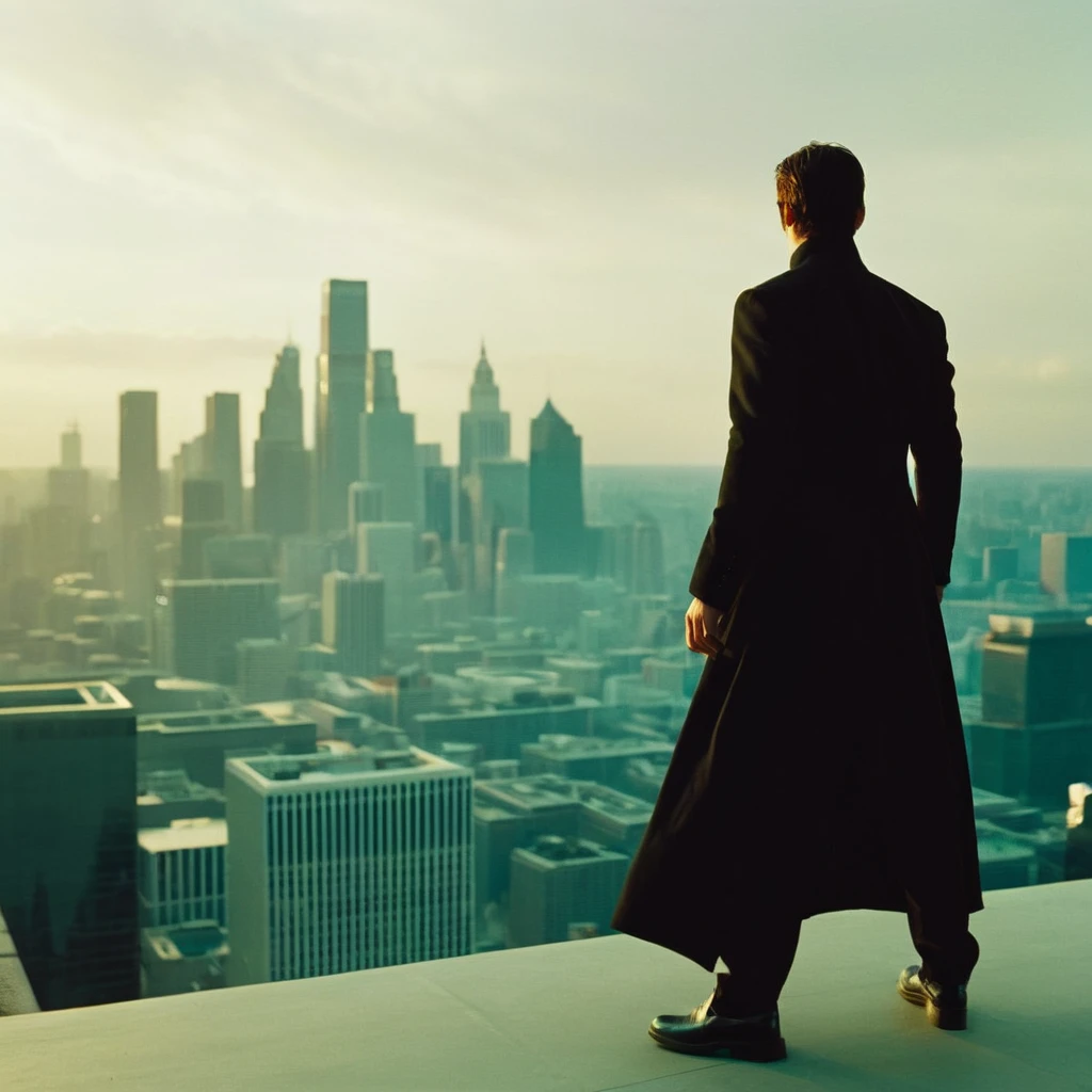 cinematic film still of <lora:The Matrix Style:1>
neo, the one, flying, air, city, solo, 1boy, holding, standing, weapon, male focus, outdoors, from behind, building, scenery, science fiction, city, silhouette, cityscape, skyscraper The Matrix Style, shallow depth of field, vignette, highly detailed, high budget, bokeh, cinemascope, moody, epic, gorgeous, film grain, grainy