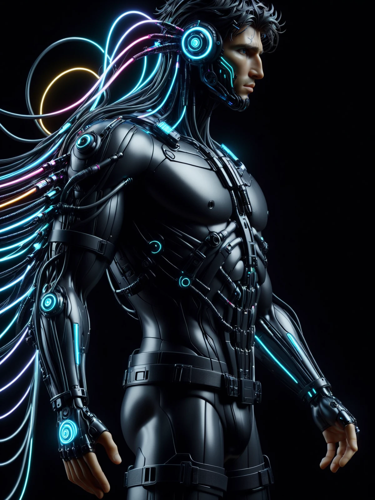 man, cablelink, cyberbody, holodrift<lora:Neon_Cyberpunk_SDXL:1> dark background, (masterpiece:1.2), best quality