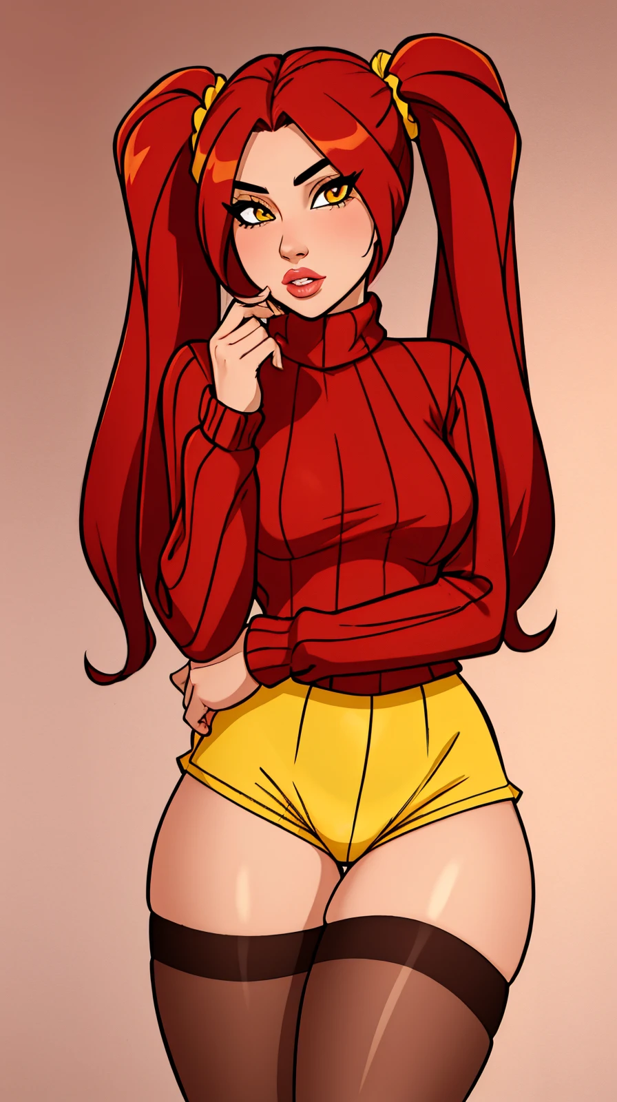 masterpiece, best quality, 1girl, solo, redhair, twintails, very long hair, yellow eyes, hair scrunchie, looking at viewer, lips, parted lips, cowboy shot, pantyhose, short shorts, turtleneck, ribbed sweater,