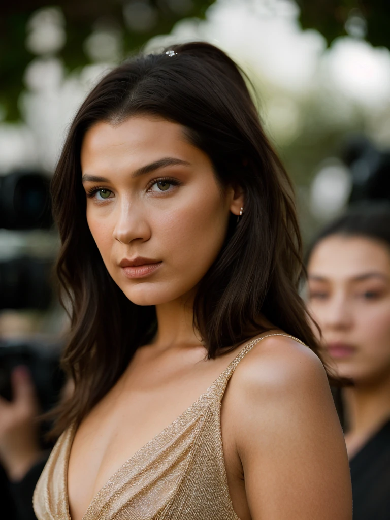 8k, RAW, Upper body photo of dualip as a beautiful female model, georgia fowler, beautiful face, with short dark brown hair, walking in Amsterdam at sunset. She is wearing a transparent top, high waist jeans,