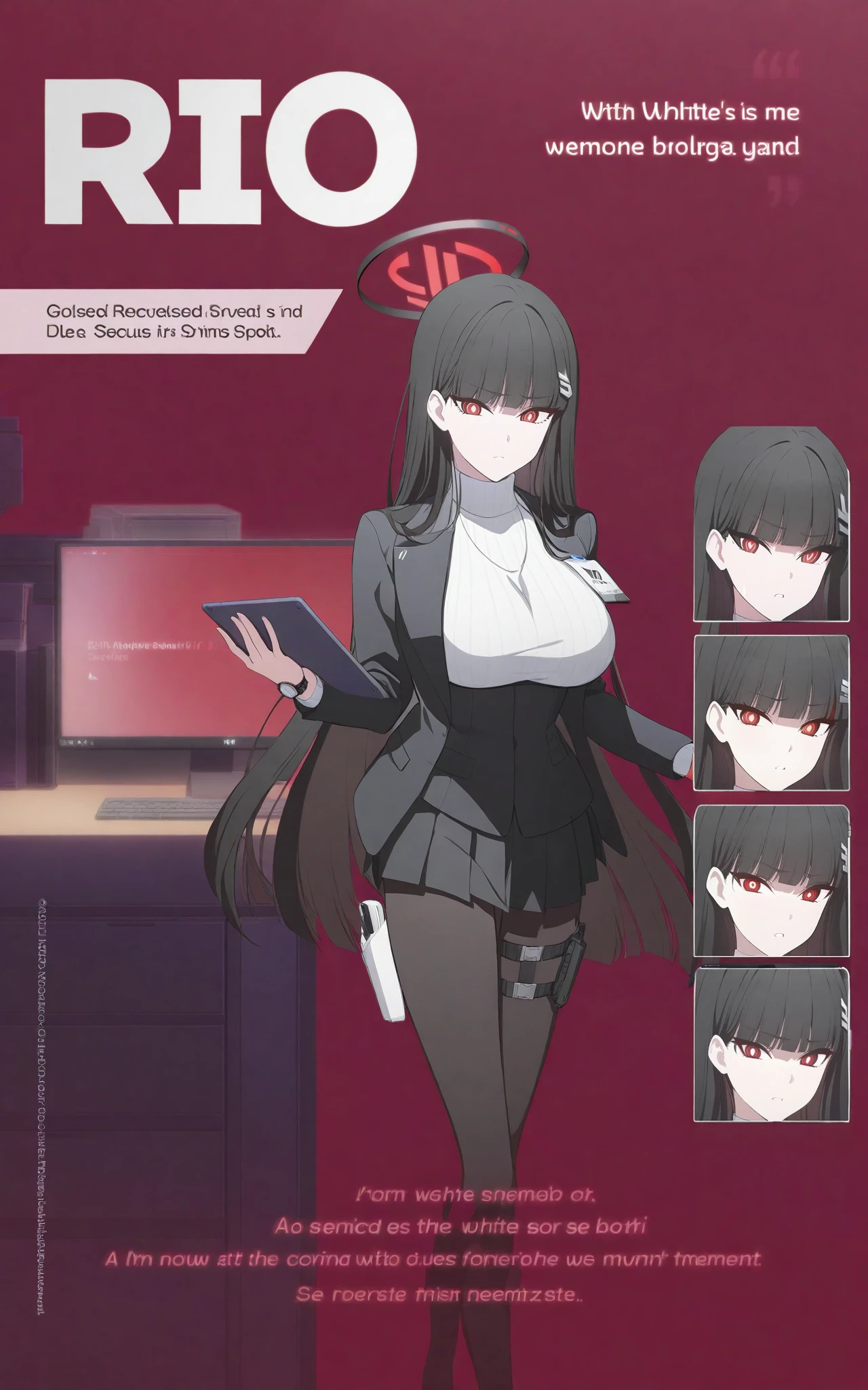 rio_(blue_archive) anime_character_poster_with_four_different_expressions_of_them a_english_text_title_says_'Rio'_in_uppercase best_quality newest <lora:BAProfilesXL-EN-01:0.9> 1girl solo long_hair black_hair blunt_bangs red_eyes bright_pupils large_breasts dark_background monitor_room indoors red_light hairclip white_sweater turtleneck_sweater black_suit id_card black_skirt pleated_skirt black_pantyhose thigh_holster black_footwear wristwatch._Carries_around_a_tablet PC happy sad serious shocked red_background