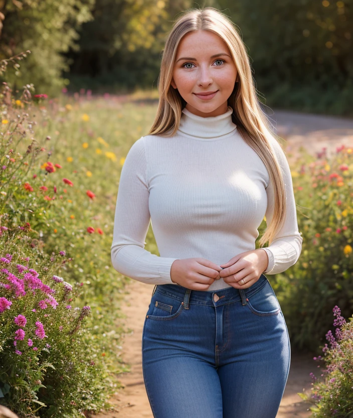 <s3r4galo>s3r4galo, 1girl, upper body, nature, outdoor, Colorful flowers, undergrowth, warm light, sunset, breast, smile, intricate, (detailed eyes), Jeans, shirt, turtleneck