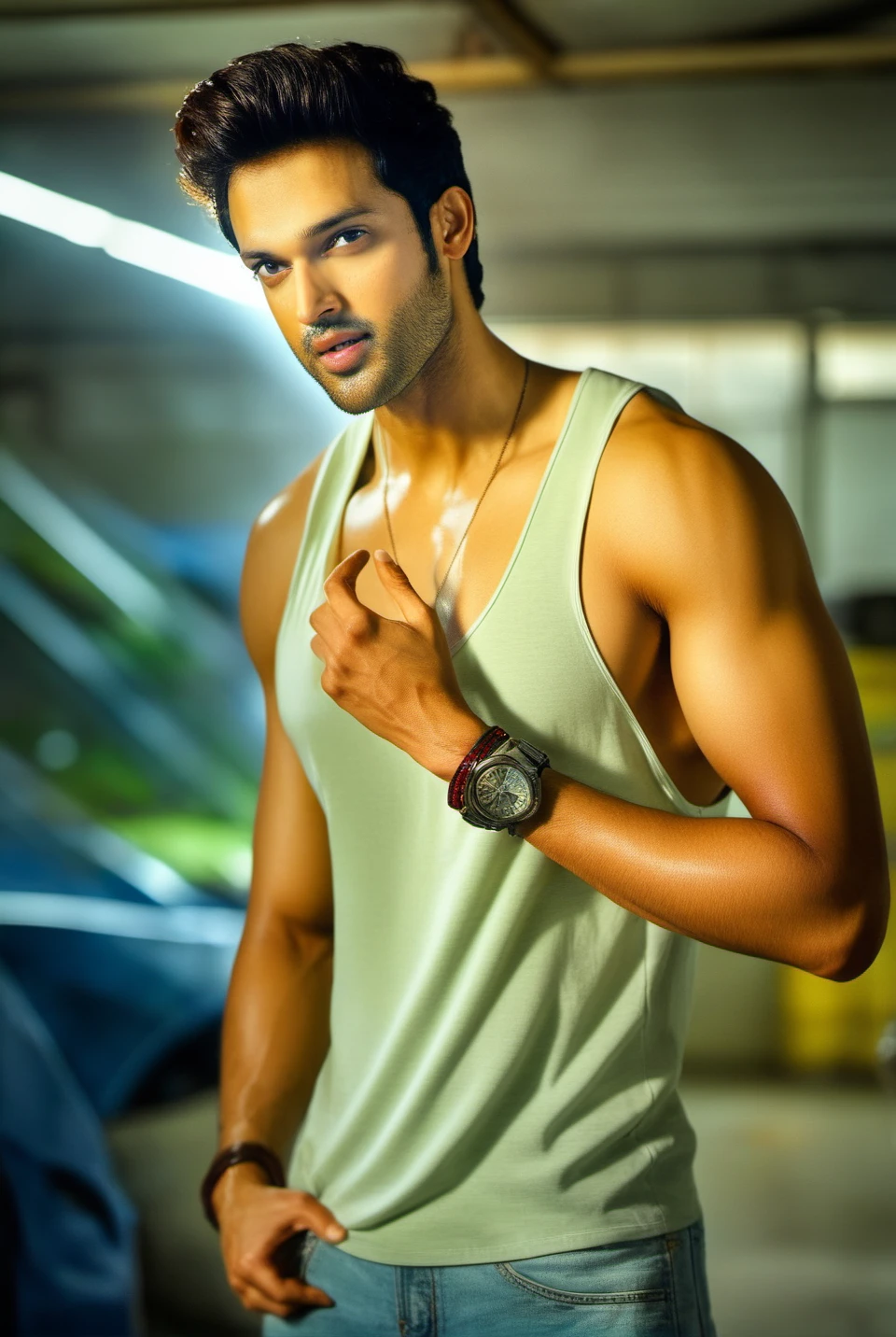 mahesh jadu a man <lora:parth-samthaan_Mahesh-Jadu:1>, in a garage, ((masterpiece)), ((best quality:1.2)), high resolution, 8k, (ultra_realistic:1.3), (photorealistic:1.4), (absurdres), sharp focus, highly detailed, professional lighting, photography, hdr, depth of field, film grain, 35mm, dslr shot, global illumination,