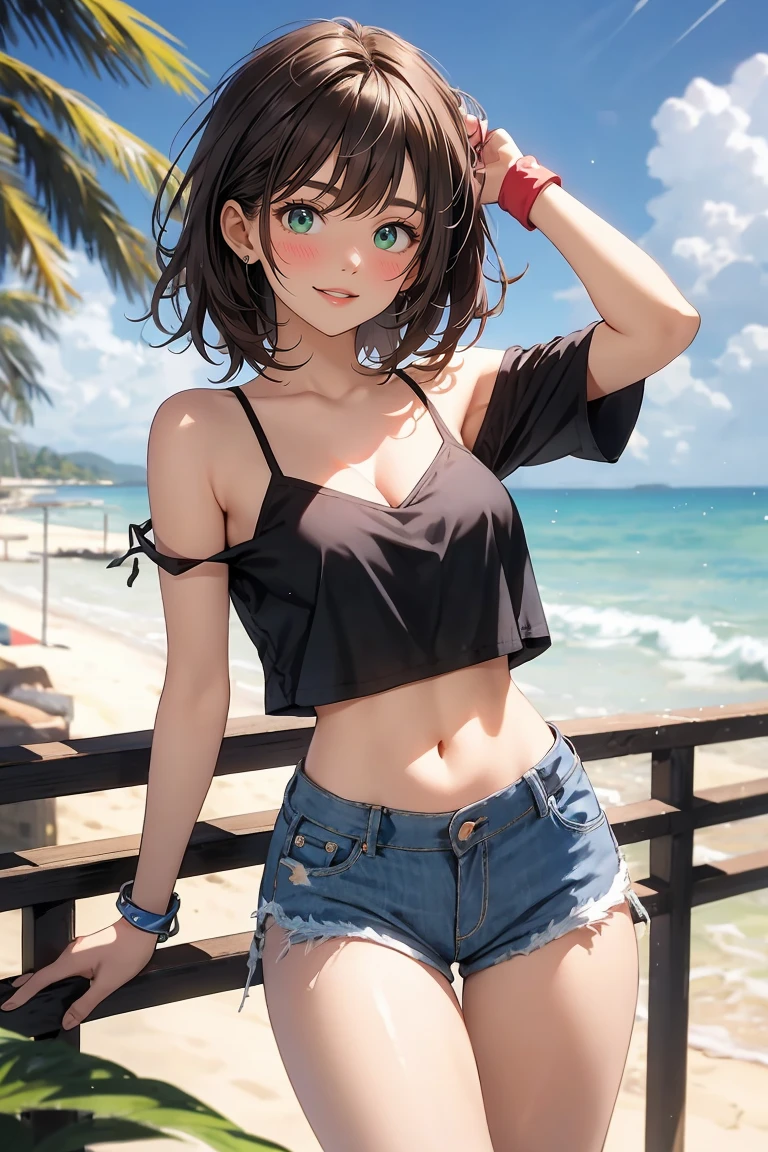 (Masterpiece, Best Quality, Highres:1.4), Detailed, Intricate Details, 4K,
color splashes, line art, art, fibonacci,1 girl, black hair, short hair, multi-colored hair, black camisole, crop top, midriff, navel, short shorts denim, bikini, tanning Mark, smile, smirk, landscape, beach, tongue out, waving hand, v-sign, sun light, waving hair