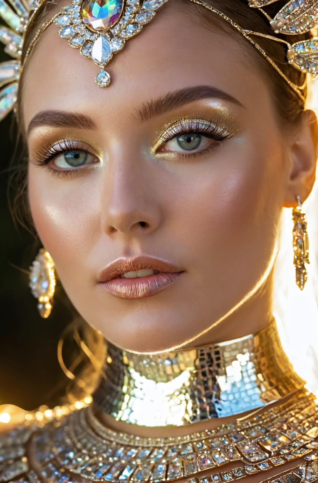 Hyperdetailed photograph, facial close up, Goddess of Light, (radiating bright light), (haute couture dress made out of golden and silver iridescent reflective flowing prismatic photonic energy), she has a small divine halo made of pure light, her face is radiant like the sun, sci-fi, fantasy, supreme realism, detailed skin, macro details, cover photo, fascinating composition, sense of warmth, divine aura, sanctity, hard light, she looks like a Brazilian model, extremely beautiful eyes, DSLR, HDR10, digital photography, vibrant vivid prismatic iridescent colors, very sharp details, Canon EOS R5, ambient light, natural lighting, spot light, hero lights, award winning photography, masterpiece