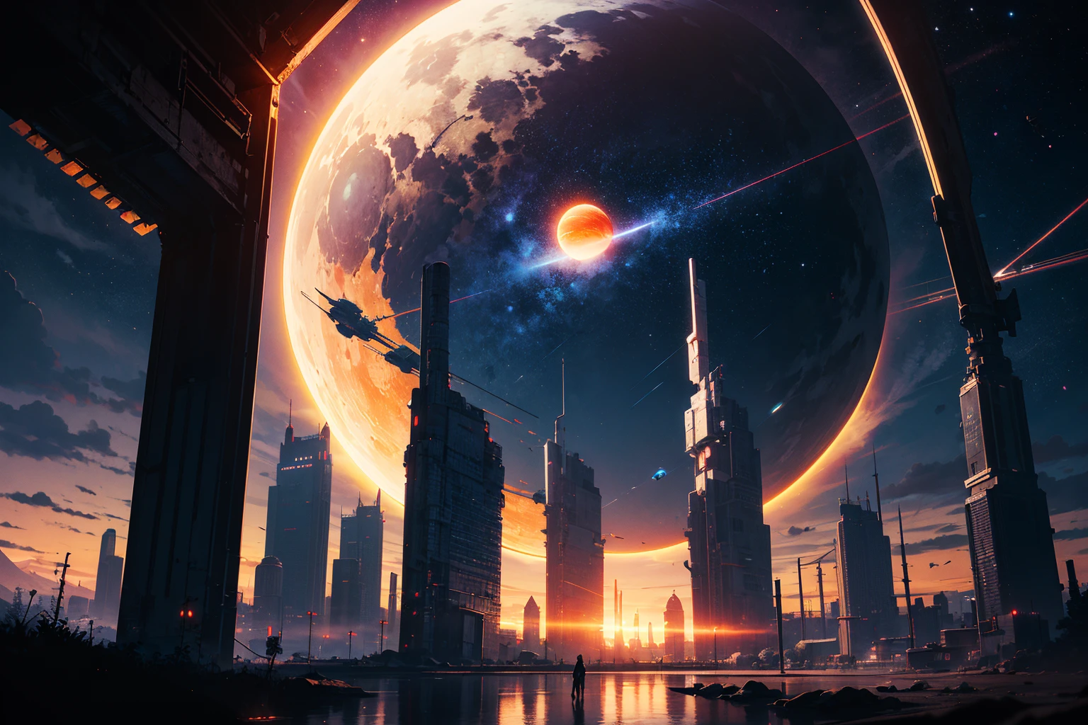 city, sci-fi, science fiction, landscape, portal, stargate, starships, twin suns, red stars, red suns, star portal