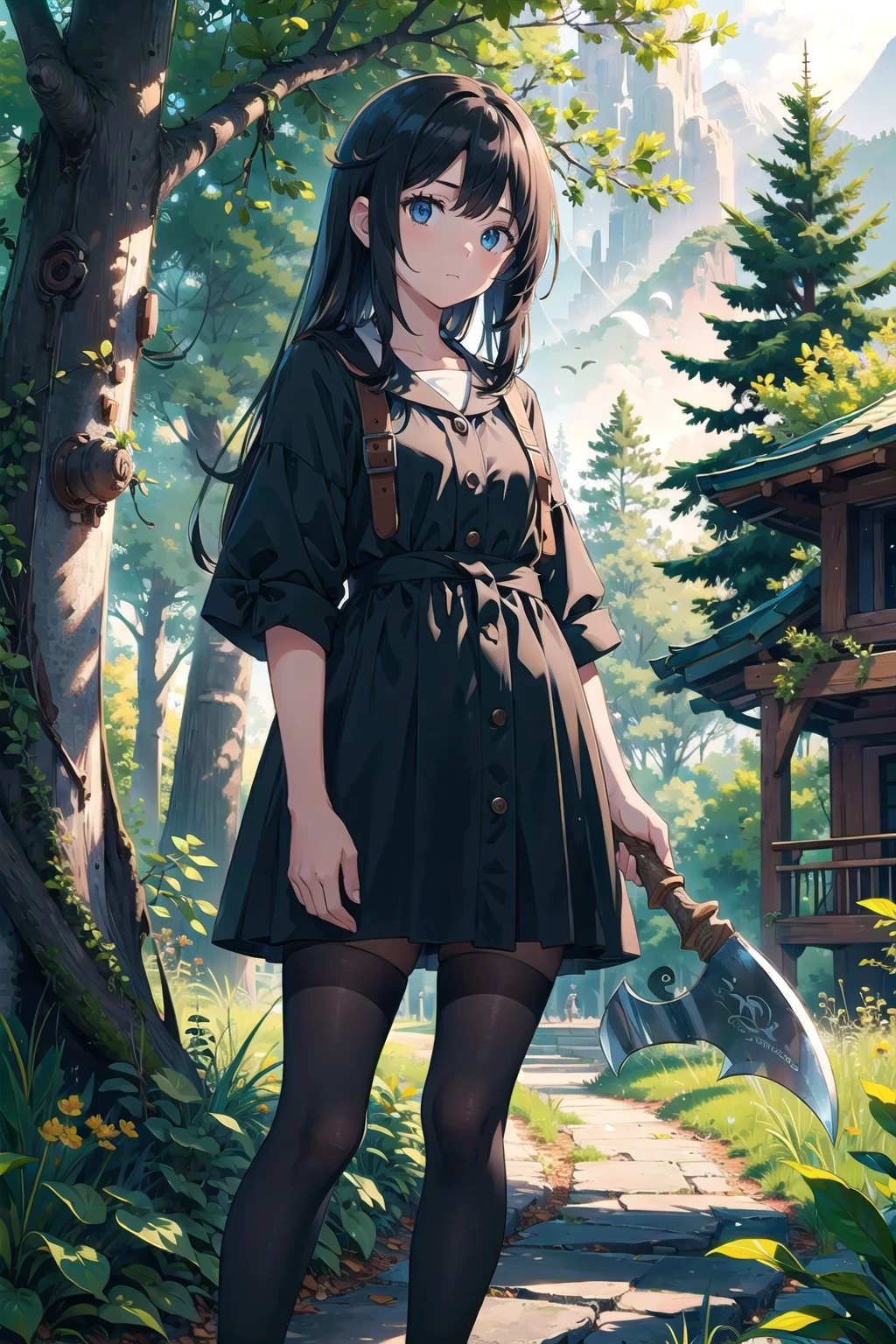 (masterpiece), 1girl, tree, axe, monster