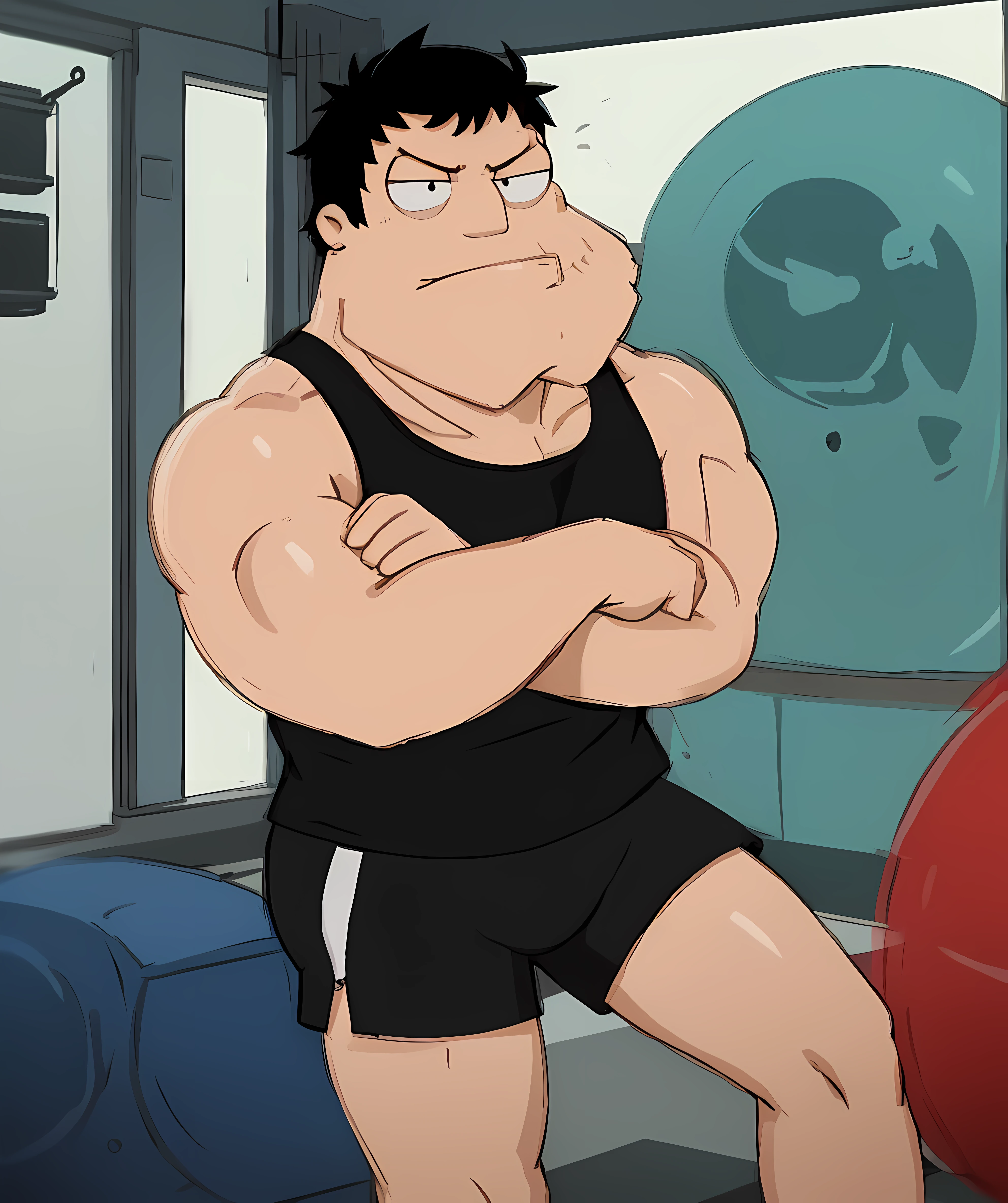 stan_smith, male focus, (tanktop, black short pants), crossed arms, eyes, muscular, standing, gym <lora:Stan_Smith-15:0.85>