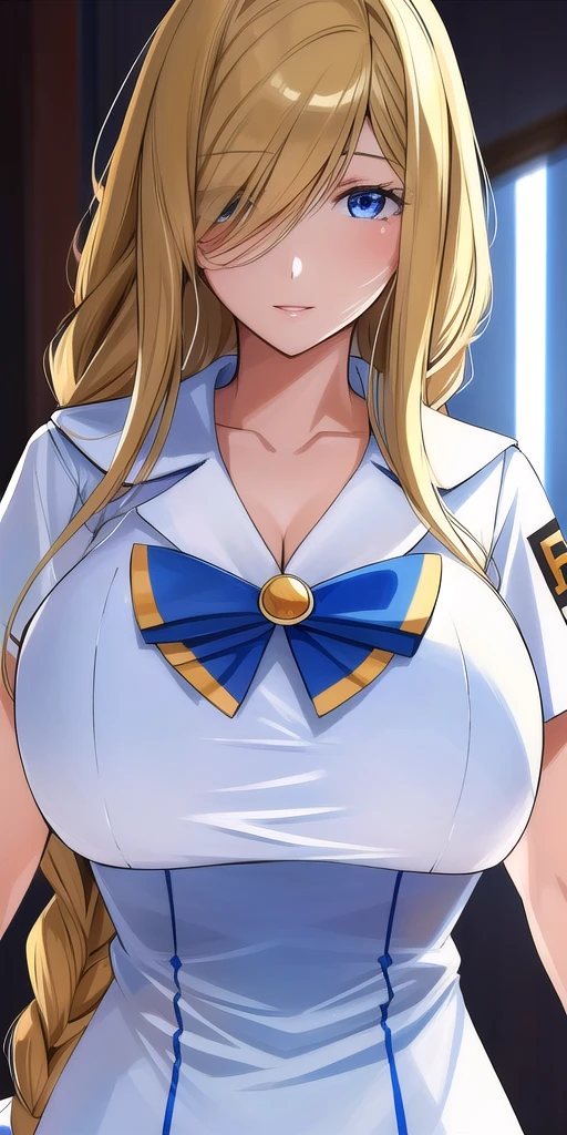 <lora:florence_aliciaV2:0.7> florence_alicia, huge_breasts, standing, solo, Summer_aria_company_uniform_White_long_dress_White_capelet_Blue_bowtie_Short_sleeves_Side_slit,, masterpiece, best quality, detailed face, detailed eyes, highres,