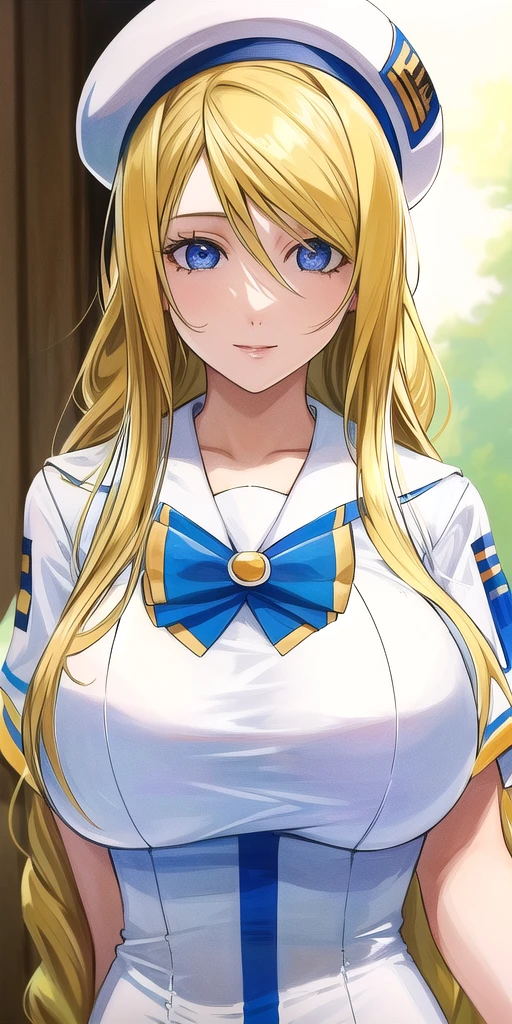 <lora:florence_aliciaV2:0.7> florence_alicia, huge_breasts, standing, solo, Summer_aria_company_uniform_White_long_dress_White_capelet_Blue_bowtie_Short_sleeves_Side_slit,White_beret_aria_company_uniform,, masterpiece, best quality, detailed face, detailed eyes, highres,