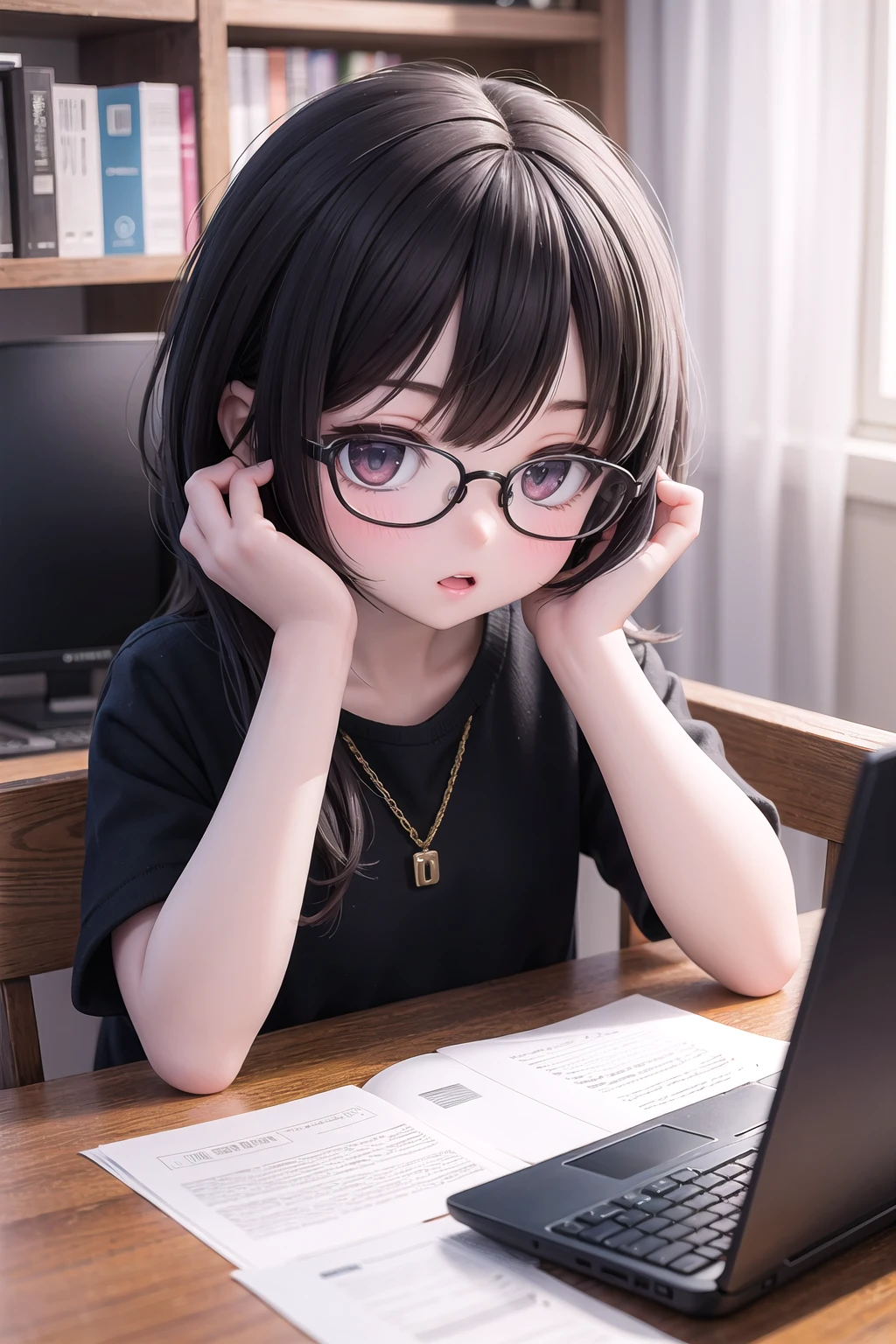 (masterpiece), 1girl, glasses, computer