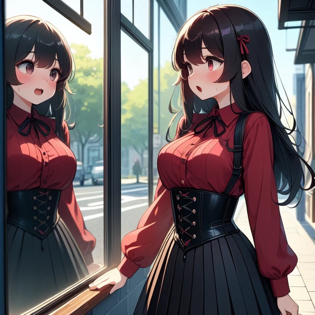 (((masterpiece))), (((best quality))), (((looking window glass))), ((mirror)), black longhair, ribbon, big tits, corset, red pleated shirt, button skirt, sweat, ribbon, brown longhair, suprise, open mouth, shy, blush, sidewalk, walking,  <lora:girllikeshowcaseglass:1>