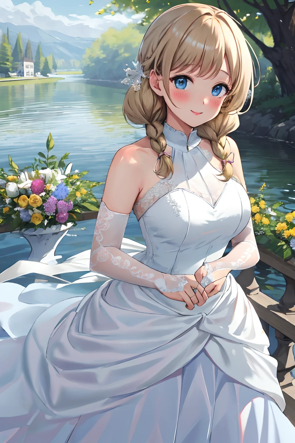 masterpiece, 4k, best quality, highly detailed, blonde hair, twin braids, blue eyes, bridal gauntlets, wedding dress,lake, flowers,  outdoors,full blush, smile <lora:bridal gauntlets v1:1>