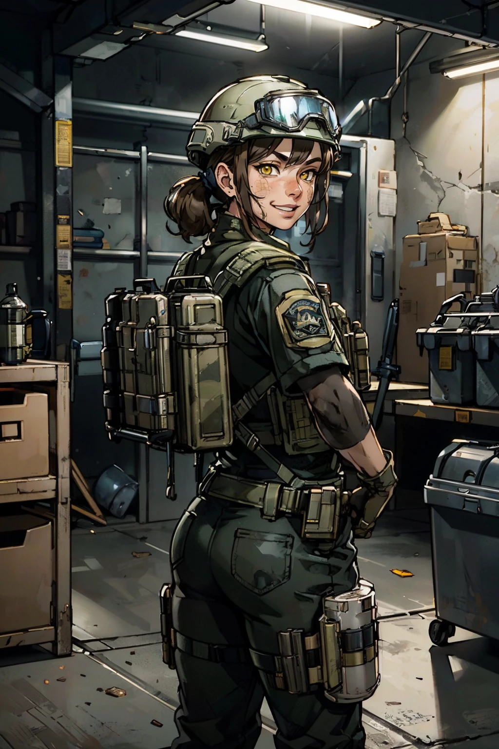 blasco, yellow eyes, dirty face, helmet, goggles on helmet, military clothes, bulletproof vest, gloves, backpack, holsters, looking back at viewer, serious, evil grin, medium shot, standing, hand on hip, from_behind, inside, garage, bright lighting, high quality, masterpiece,  <lora:blasco-08:.8>