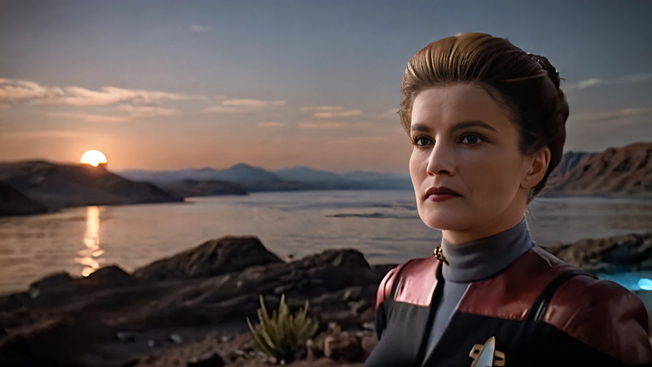 cinematic film still cinematic photo breathtaking <lora:captain_janeway_100x100-step00014000:1> captain_janeway, woman, Alien planet, Captain Pike, 4K resolution, (extraterrestrial landscape), (vibrant sky with two moons), (otherworldly flora), (futuristic explorer gear), (sense of wonder), (rich and intricate details), (photo-realistic quality), (mysterious atmosphere), (shimmering alien lakes), (vast horizon), (unearthly colors), (dynamic shadows)
. award-winning, professional, highly detailed . 35mm photograph, film, bokeh, professional, 4k, highly detailed . shallow depth of field, vignette, highly detailed, high budget Hollywood movie, bokeh, cinemascope, moody, epic, gorgeous, film grain, grainy